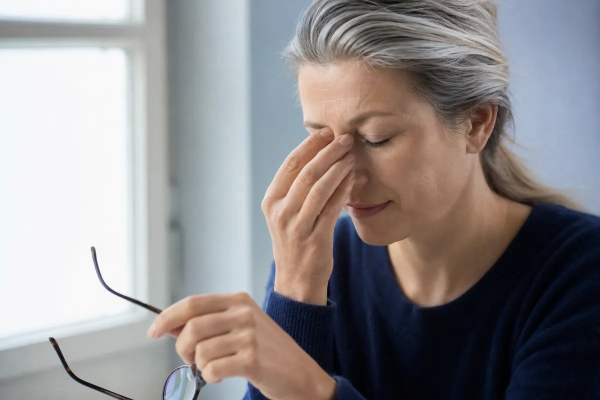 Personne qui retire ses lunettes de vue et se masse l'arête du nez et les tempes, lumière douce d'intérieur.