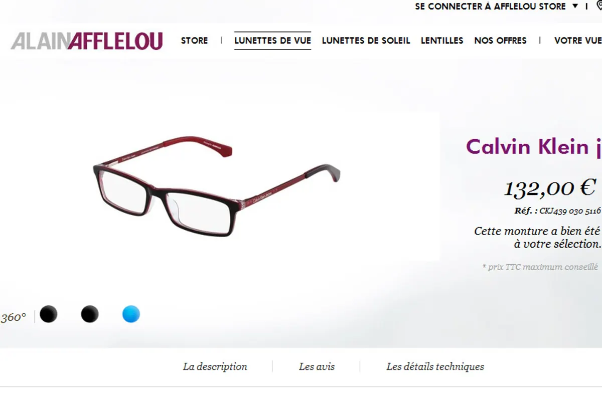 Personne comparant des montures de lunettes sur un site d’opticien avant un retrait en magasin.