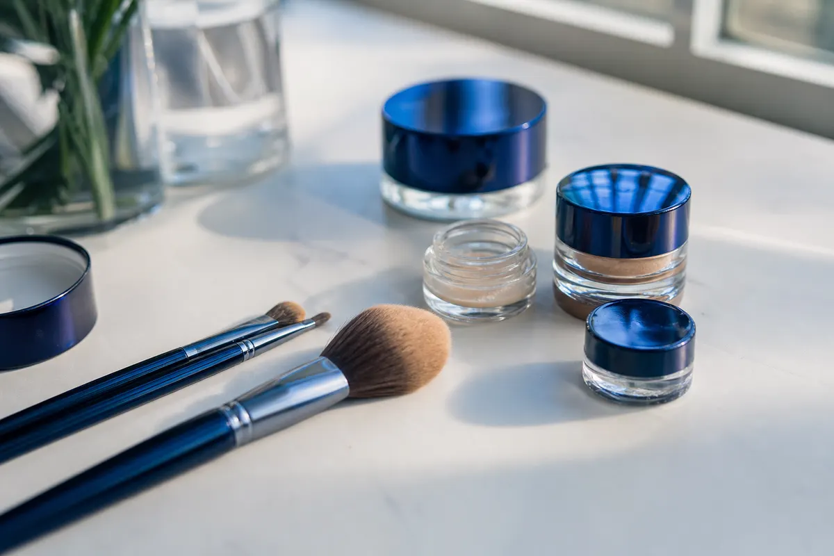 Gros plan calme sur des pinceaux de maquillage posés sur une surface claire, lumière naturelle douce, aucune personne visible.