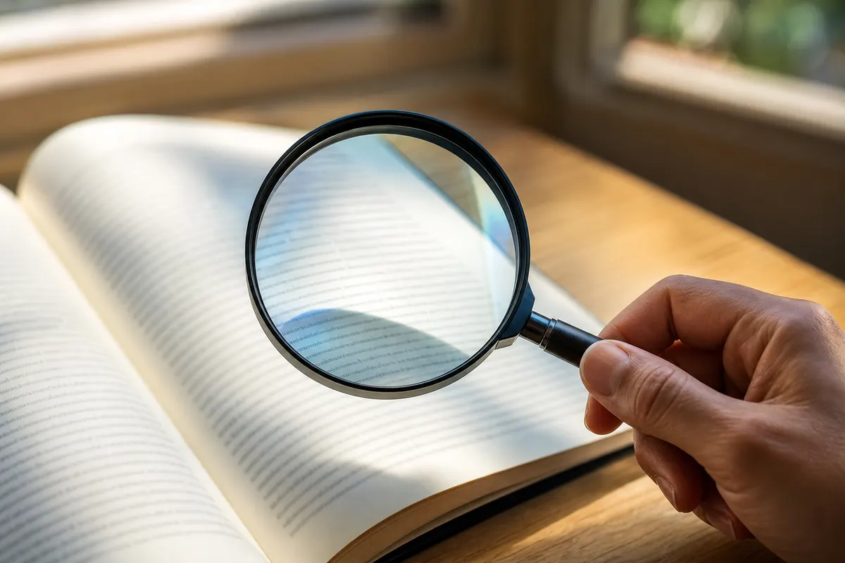 Main tenant une loupe ronde à poignée au-dessus d’une page de livre ouvert, texte agrandi net à travers le verre, lumière de fenêtre en arrière-plan flou.