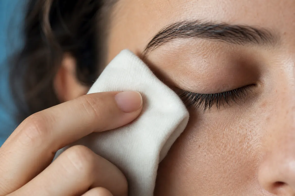 Gros plan sur des cils et le bord d'une paupière, geste doux d'application d'une compresse tiède, aucun visage entièrement visible.