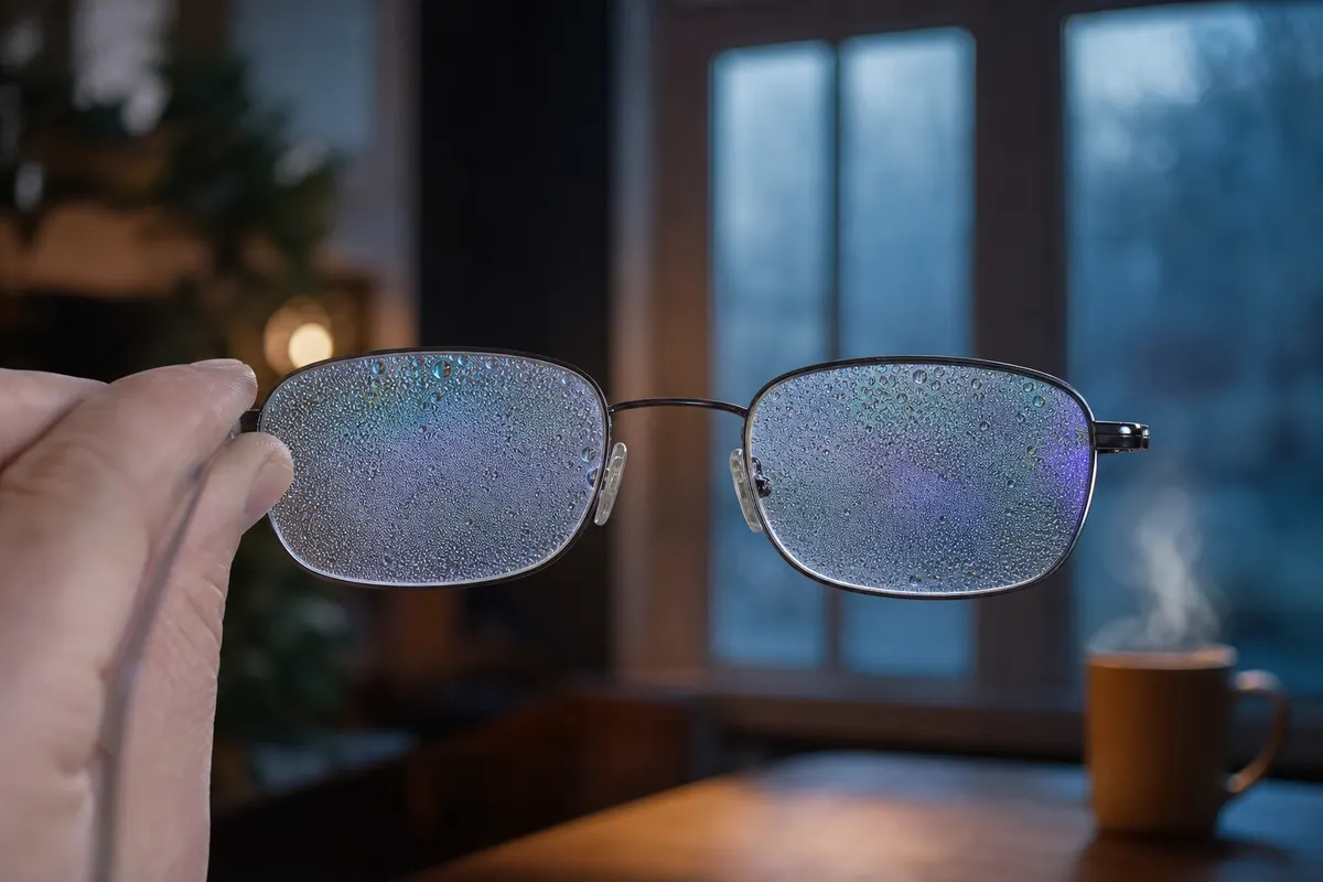 Paire de lunettes tenue en main, verres couverts de condensation, devant une fenêtre embuée et une tasse fumante floues en arrière-plan.