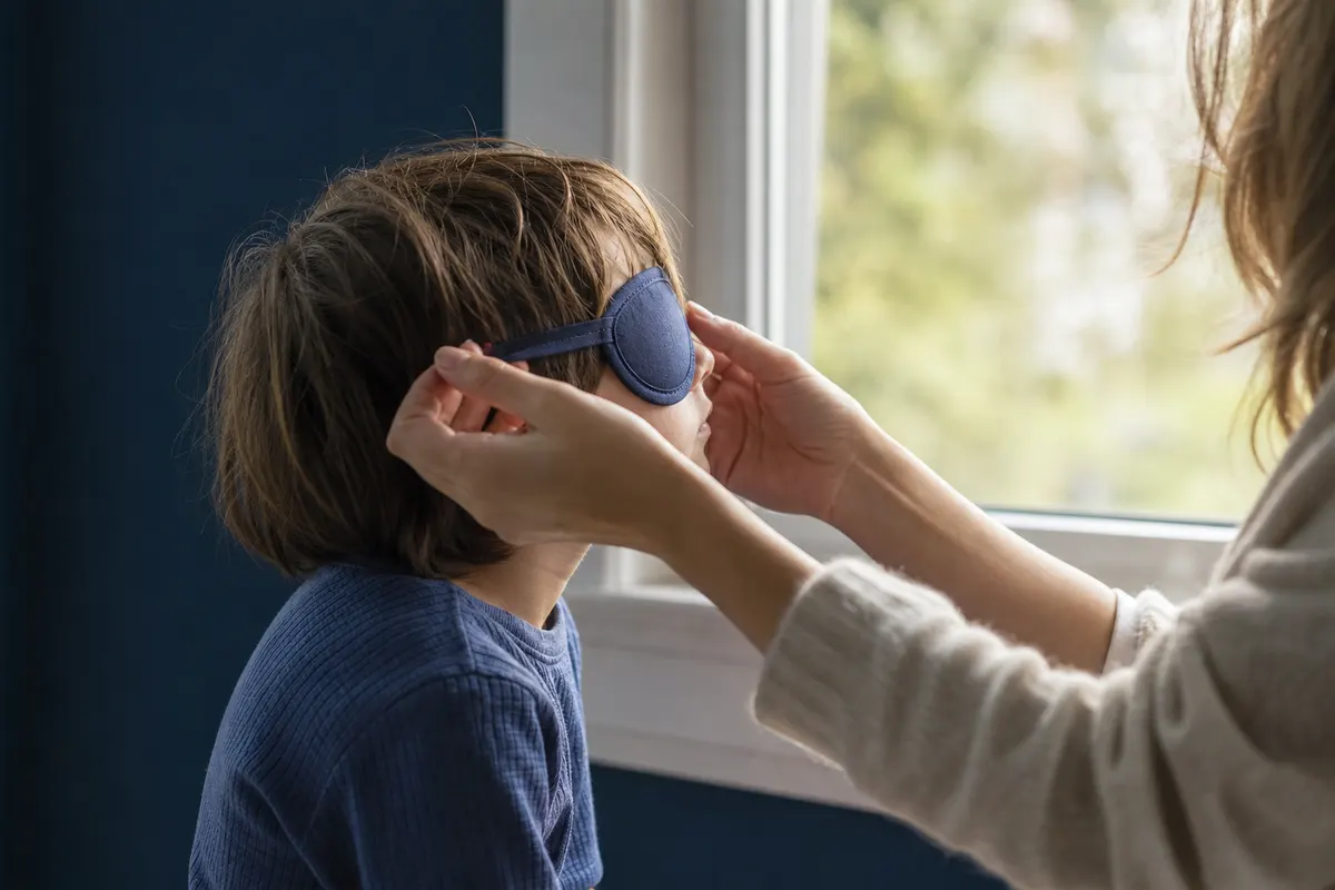 Enfant de dos ou de profil discret, geste doux d'un adulte ajustant un cache oculaire souple, lumière naturelle douce, aucun texte ni logo visible.