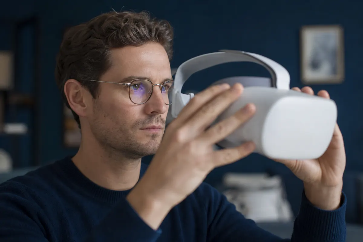 Homme portant des lunettes de vue à monture fine, tenant à deux mains un casque de réalité virtuelle blanc sans marque, sur le point de l'enfiler.