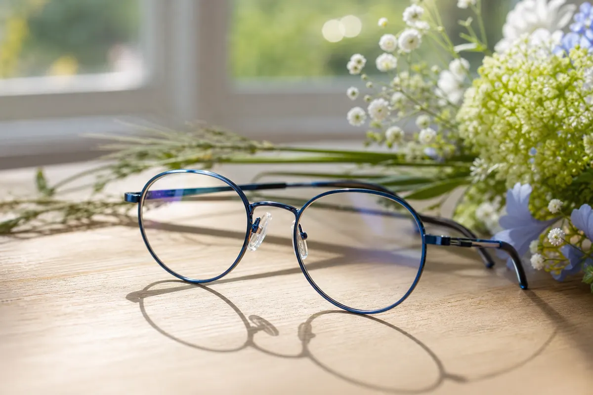 Gros plan sur des lunettes de vue posées sur une table en bois clair près d'une fenêtre, lumière naturelle douce, aucun autre détail visible.