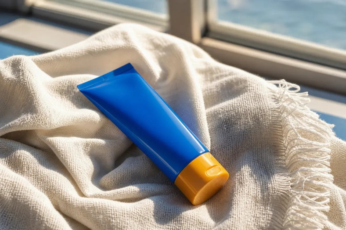 Gros plan sur un tube de crème solaire posé sur une serviette de plage claire, lumière naturelle douce, aucune personne visible.