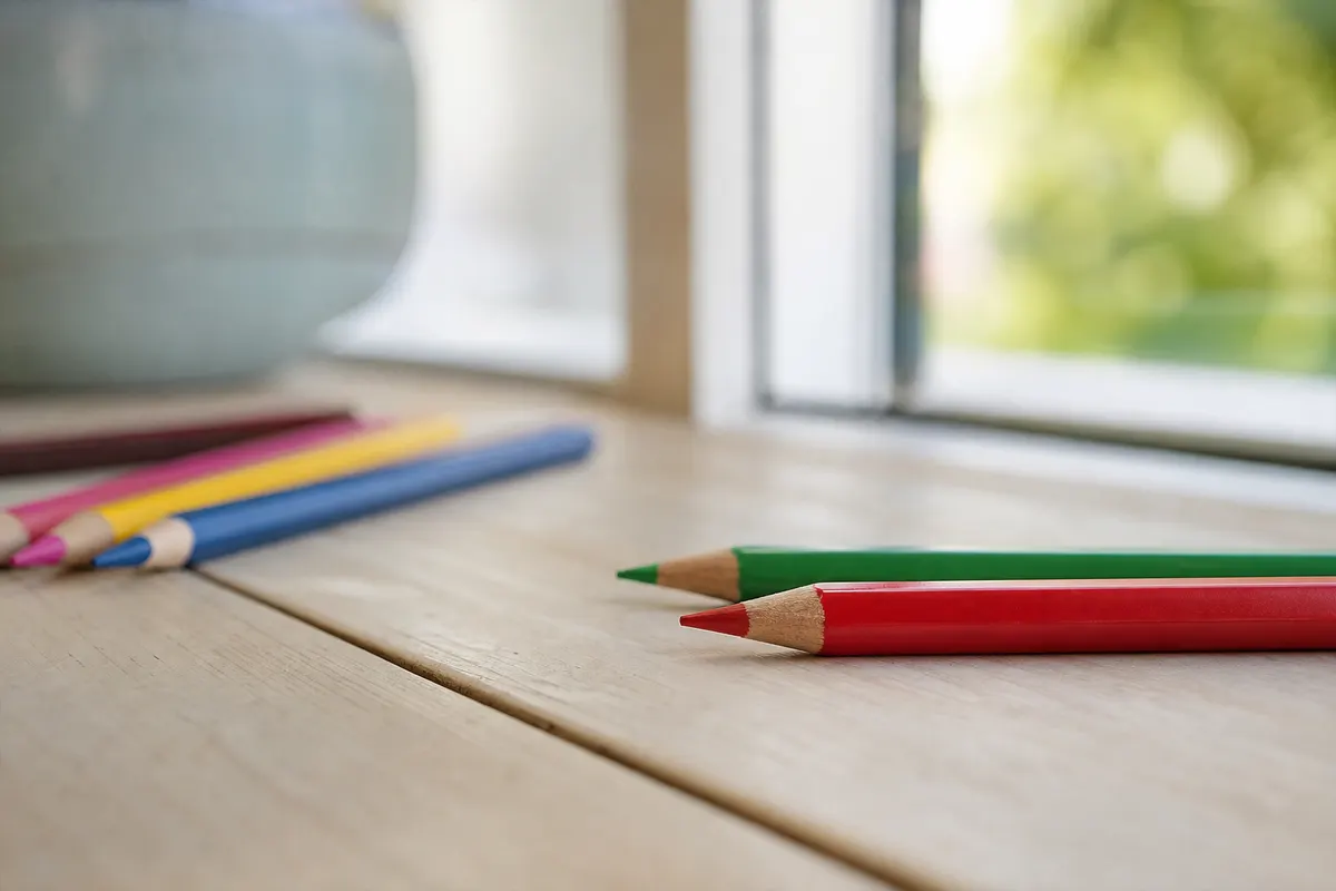 Gros plan calme sur des crayons de couleur disposés sur une table en bois clair, lumière naturelle douce, aucune personne visible.