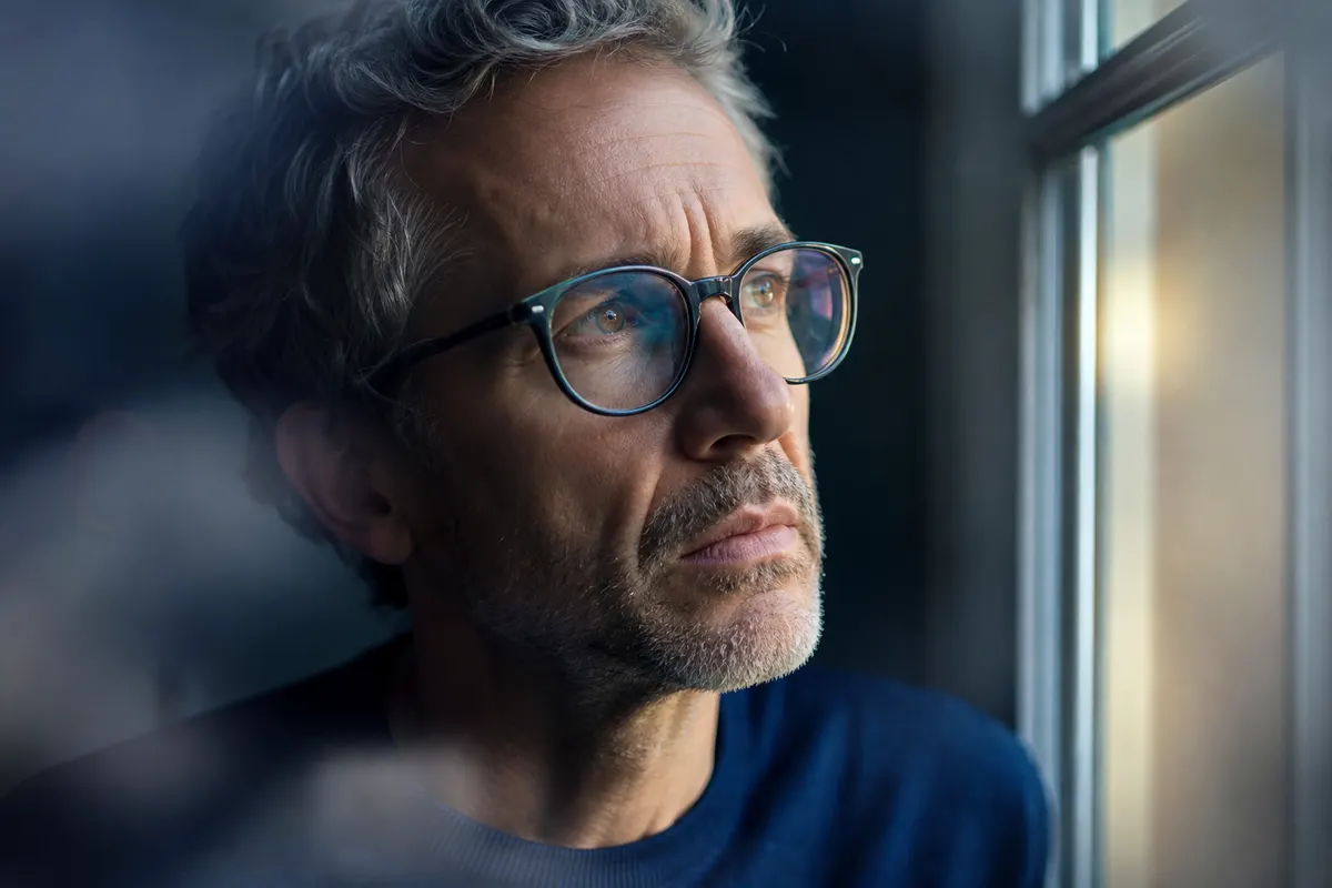Regard légèrement voilé vers une fenêtre lumineuse, expression concentrée et inquiète, lumière naturelle douce, aucun texte ni objet médical visible.