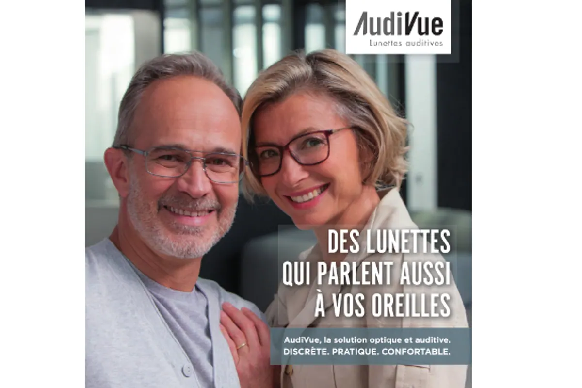 Monture de lunettes illustrant l’association entre correction visuelle et aide auditive.