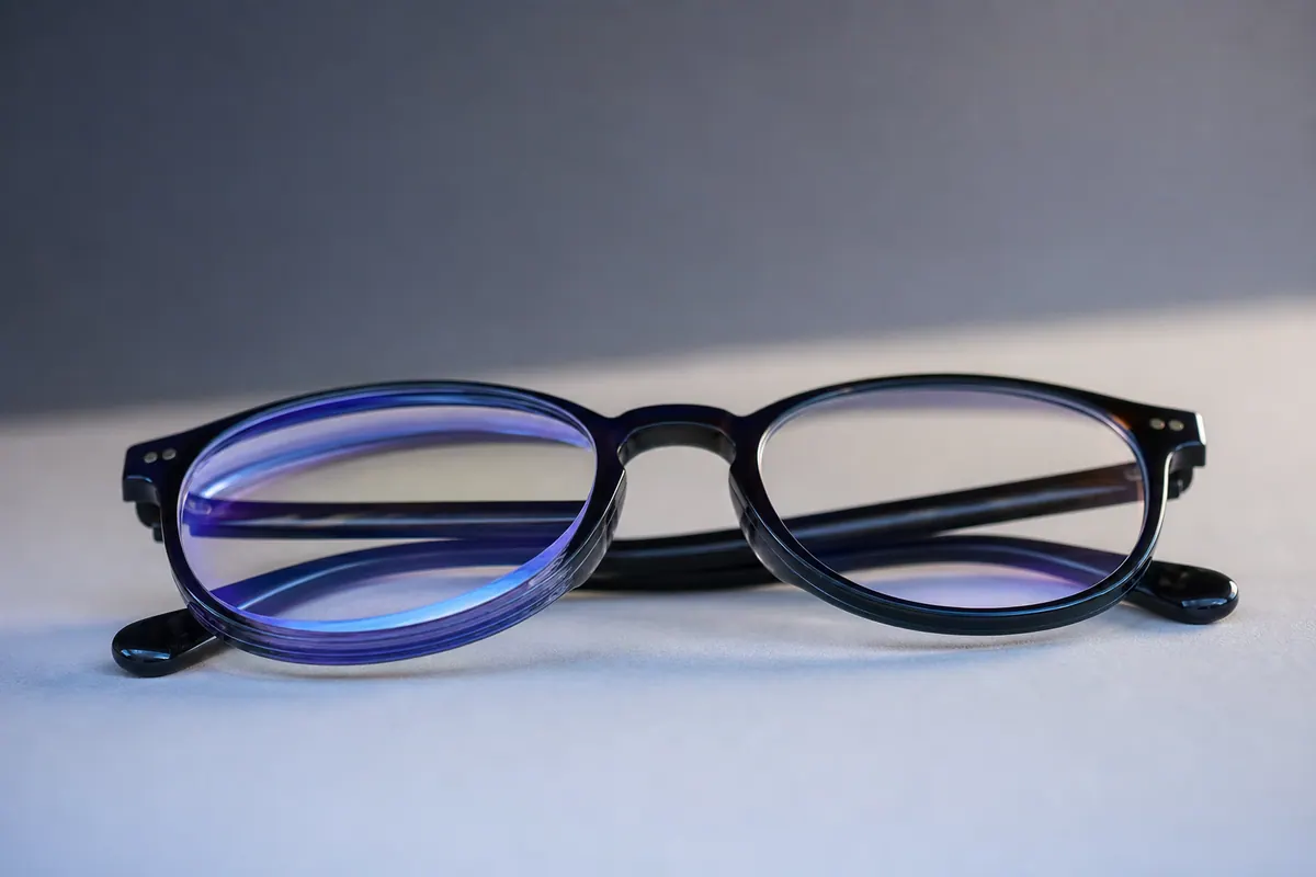 Paire de lunettes de vue posée de trois quarts sur une surface claire, laissant voir une épaisseur de verre différente à droite et à gauche.