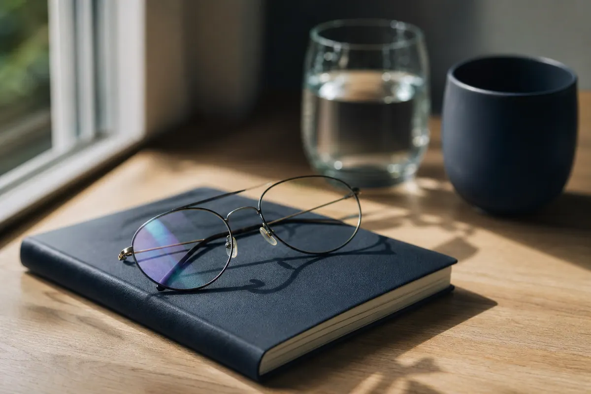 Paire de lunettes de vue posée sur un carnet fermé près d’une fenêtre, lumière naturelle douce, ambiance calme d’intérieur.