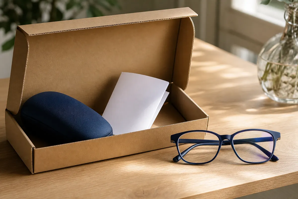 Colis ouvert contenant un étui à lunettes et une facture, posé sur une table près d'un ordinateur portable, lumière naturelle douce.