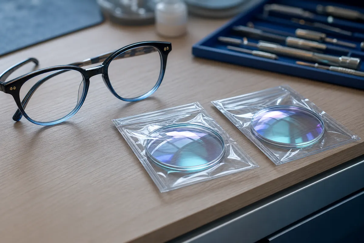 Kit de lunettes de vue composé d'une monture et de deux verres non montés, posés côte à côte sur un plan de travail d'opticien.