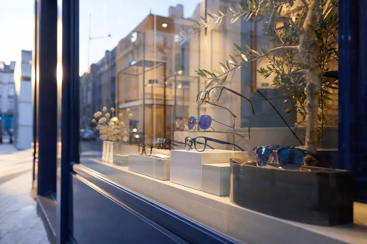 Vitrine d'un magasin d'optique de centre-ville avec des montures de lunettes présentées derrière la baie vitrée, lumière de fin de journée.