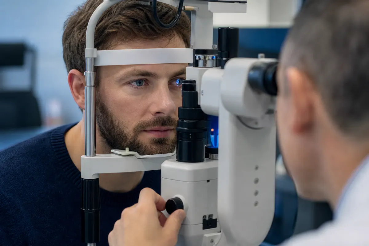 Examen ophtalmologique en cabinet, patient face à un appareil de mesure de la pression oculaire, lumière bleutée douce.