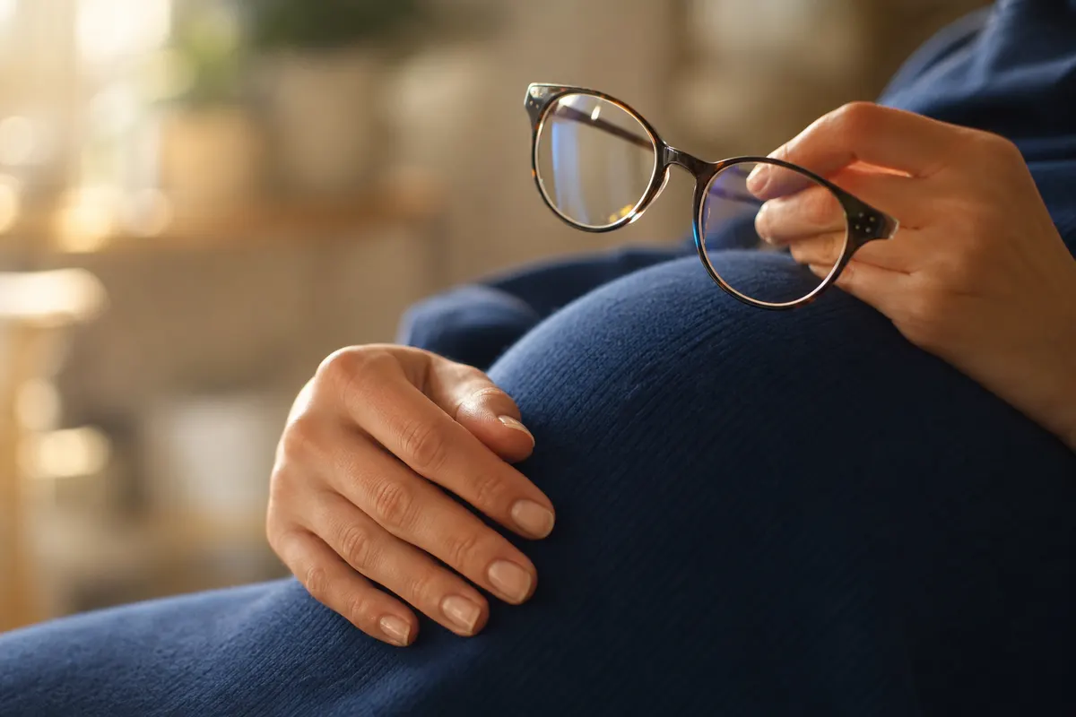 Main posée sur un ventre arrondi, tenant juste au-dessus une paire de lunettes de vue à monture fine, lumière naturelle douce, aucun visage visible.