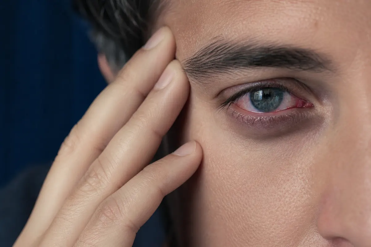 Gros plan discret sur un œil légèrement rougi, main posée près du visage dans un geste d'inconfort, lumière naturelle douce, aucune lentille ni texte visible.