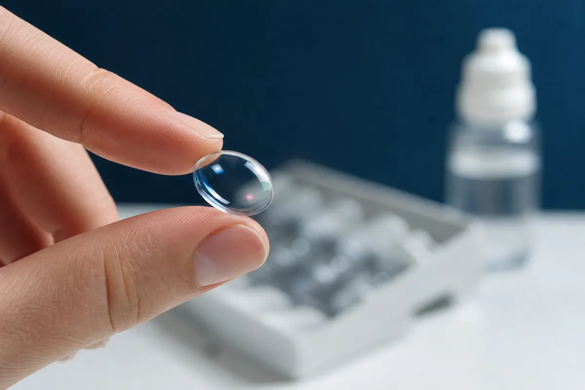 Gros plan macro sur une lentille de contact rigide et transparente tenue entre deux doigts au-dessus d'un plan de travail d'opticien, reflets bleutés discrets.