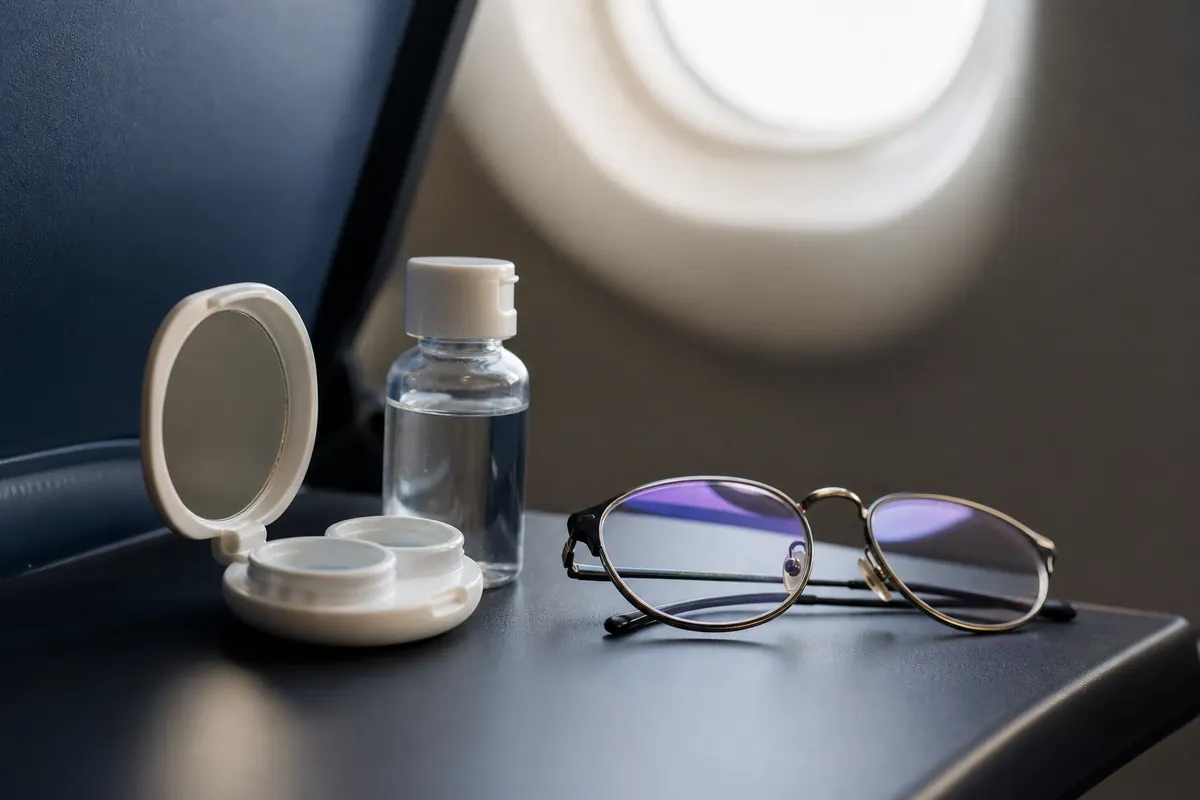 Étui à lentilles et petit flacon de solution d'entretien posés sur une tablette d'avion à côté d'un hublot, lumière naturelle douce.