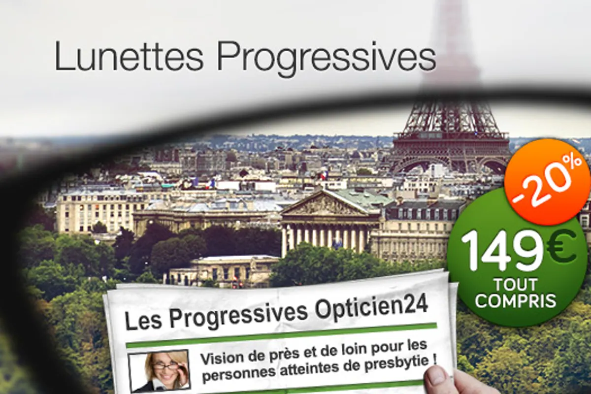 Paire de lunettes de vue progressives avec monture posée sur un étui, à côté d’une ordonnance.