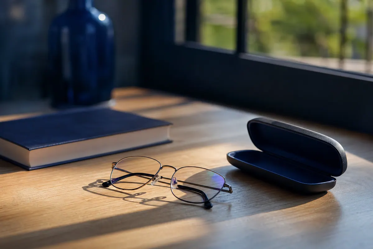 Paire de lunettes de vue posée à côté d’un étui ouvert sur une table claire près d’une fenêtre, lumière naturelle douce de fin de journée.