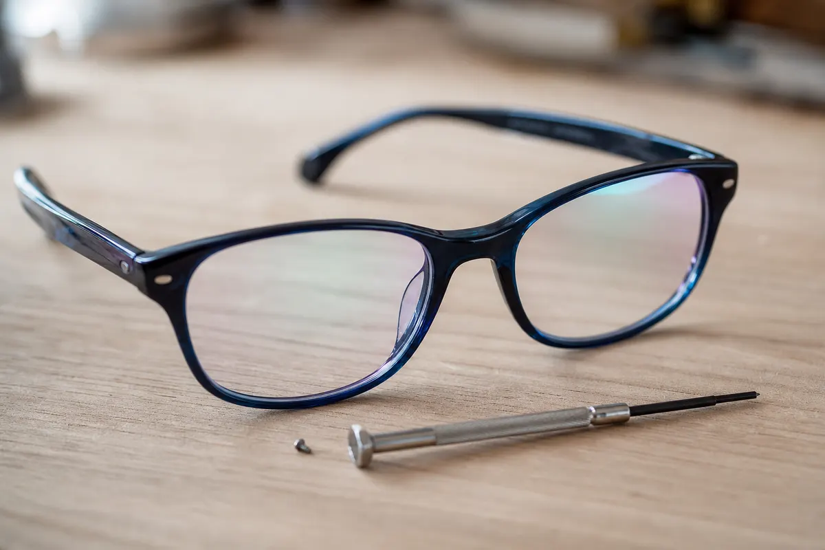 Gros plan sur une paire de lunettes de vue posée sur un établi clair, avec un petit tournevis de précision à côté, lumière naturelle douce.