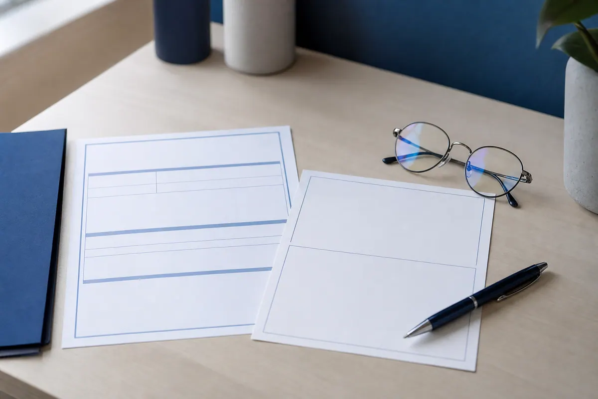 Devis d'opticien et ordonnance de lunettes posés à côté d'un dossier administratif, lumière naturelle douce sur un bureau.