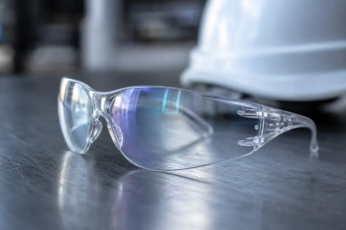 Paire de lunettes de sécurité à monture enveloppante et verres teintés légèrement, posée sur un établi métallique, avec des reflets bleutés discrets sur les verres traités.
