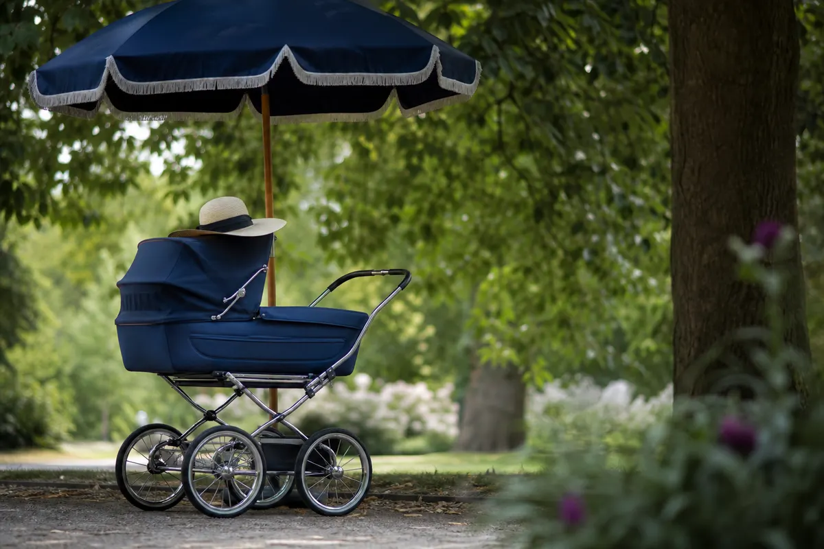 Bébé en poussette à l'ombre d'un parasol, un chapeau à large bord sur la tête, lumière naturelle douce, aucune lunette visible.