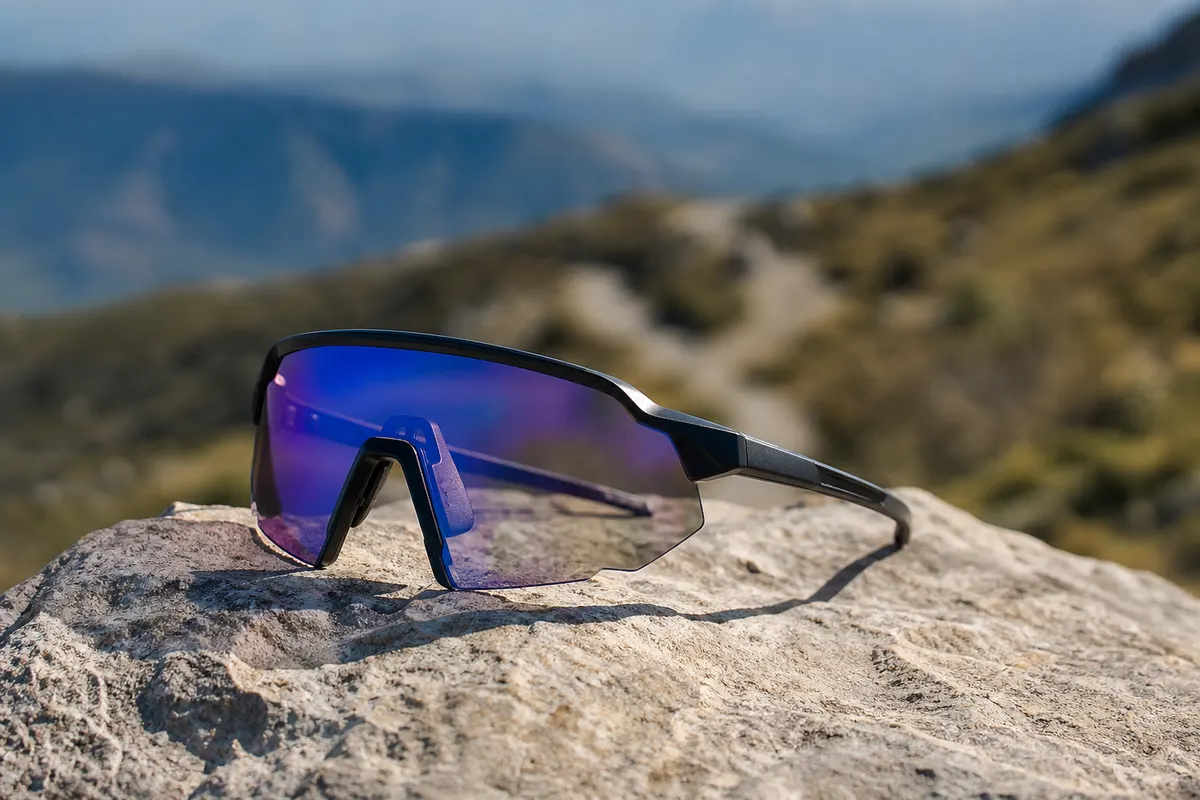 Paire de lunettes de sport enveloppantes à verre unique, posée sur un revêtement technique clair, avec un fond flou évoquant un sentier extérieur.
