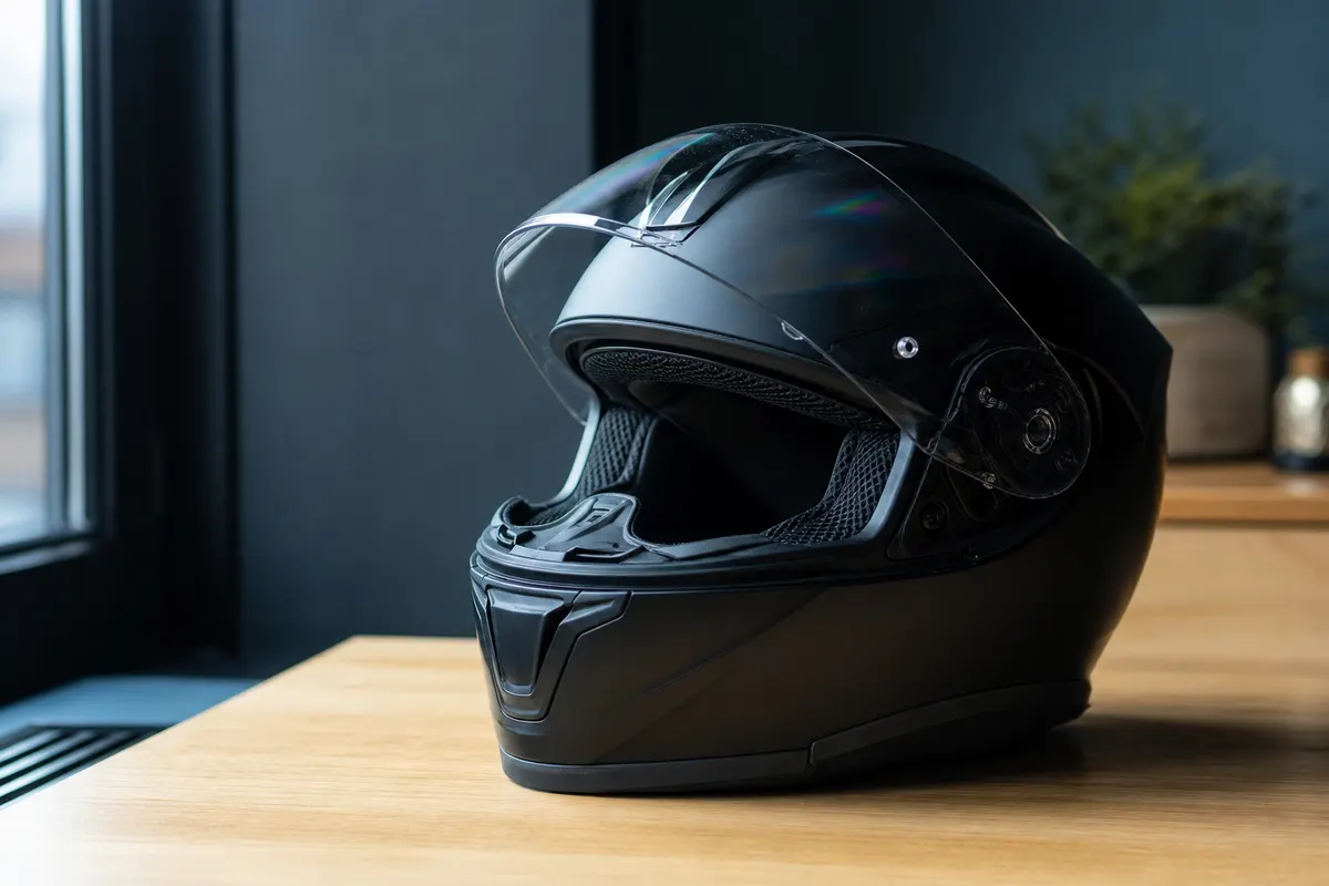 Casque de moto intégral posé sur une table en bois clair près d'une fenêtre, lumière naturelle douce, aucune personne visible.