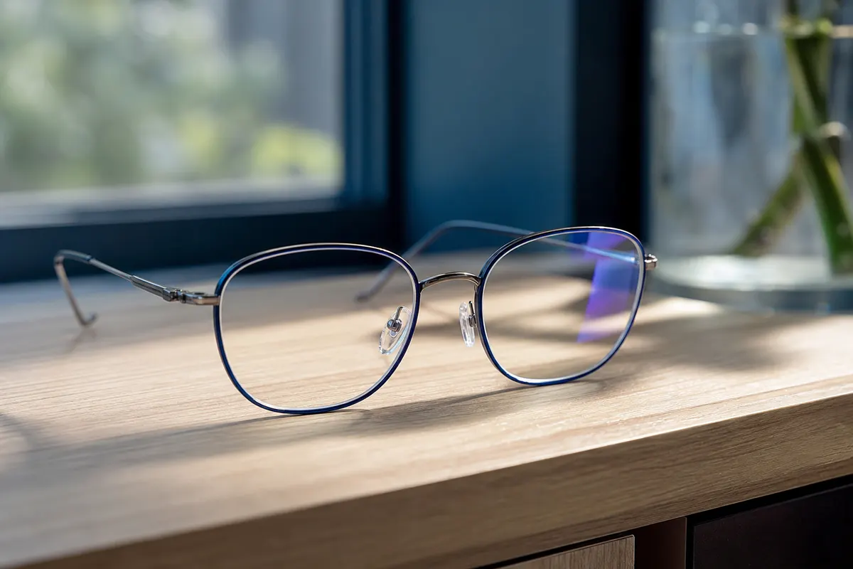 Gros plan sur une paire de lunettes de vue posée sur une table en bois clair près d'une fenêtre, lumière naturelle douce, aucune personne visible.