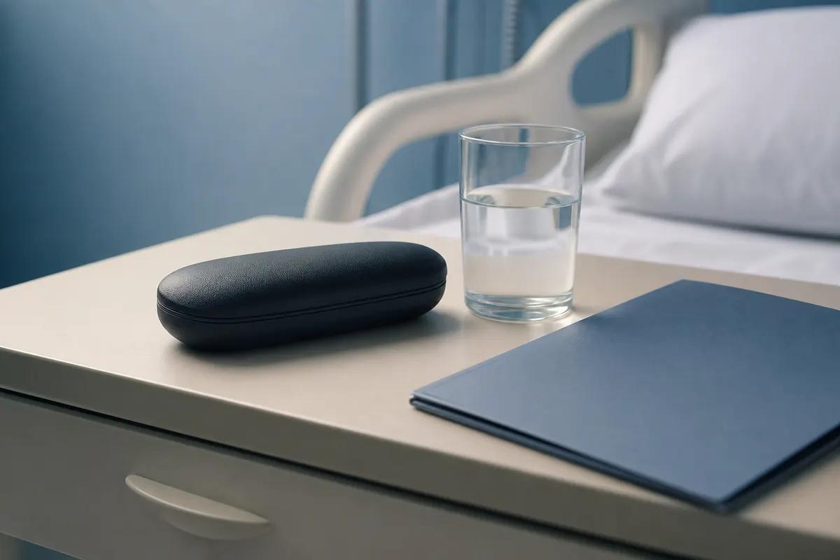 Étui à lunettes fermé posé sur une table de chevet d'hôpital, à côté d'un verre d'eau, lumière douce et clinique.