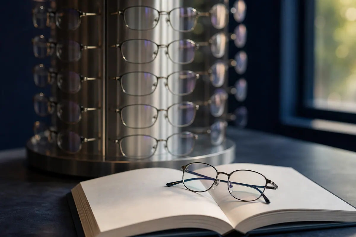 Présentoir de lunettes de lecture prêtes à porter posé près d’un livre ouvert, lumière naturelle latérale.