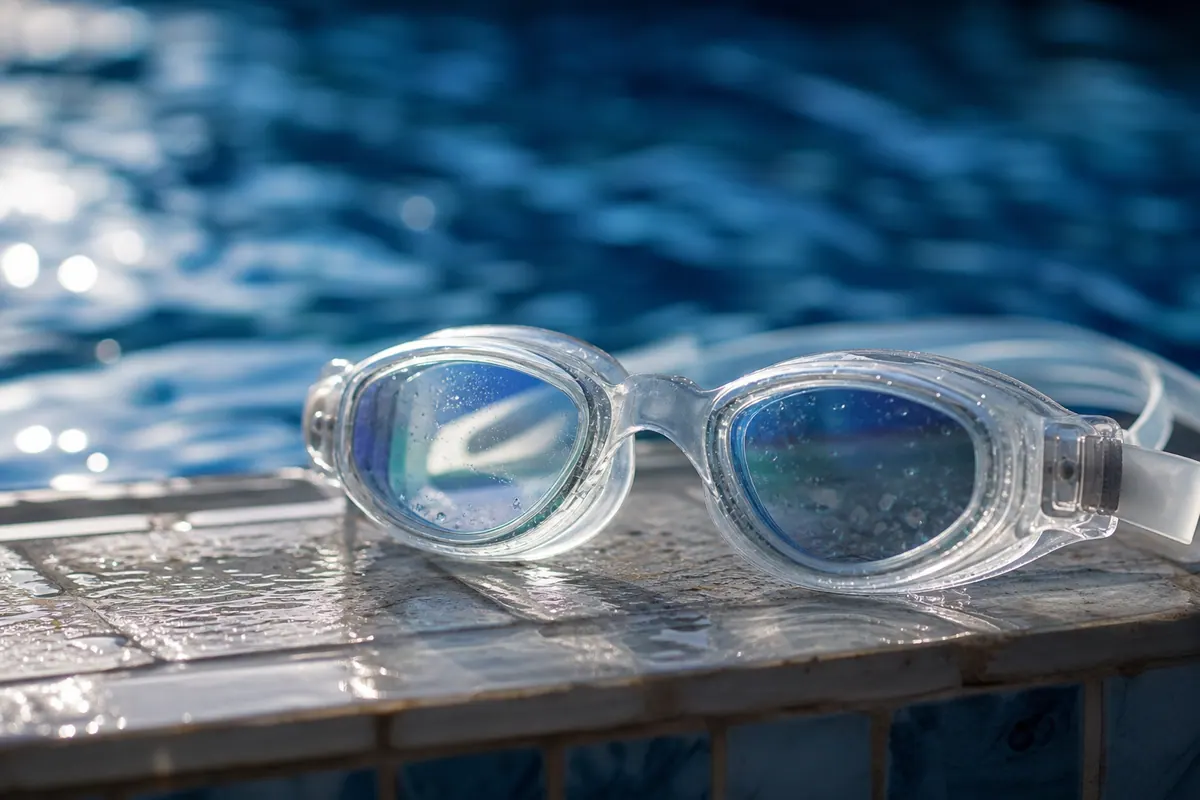 Lunettes de piscine transparentes posées au bord d'un bassin, gouttes d'eau sur les verres, reflets bleutés de l'eau en arrière-plan flou.