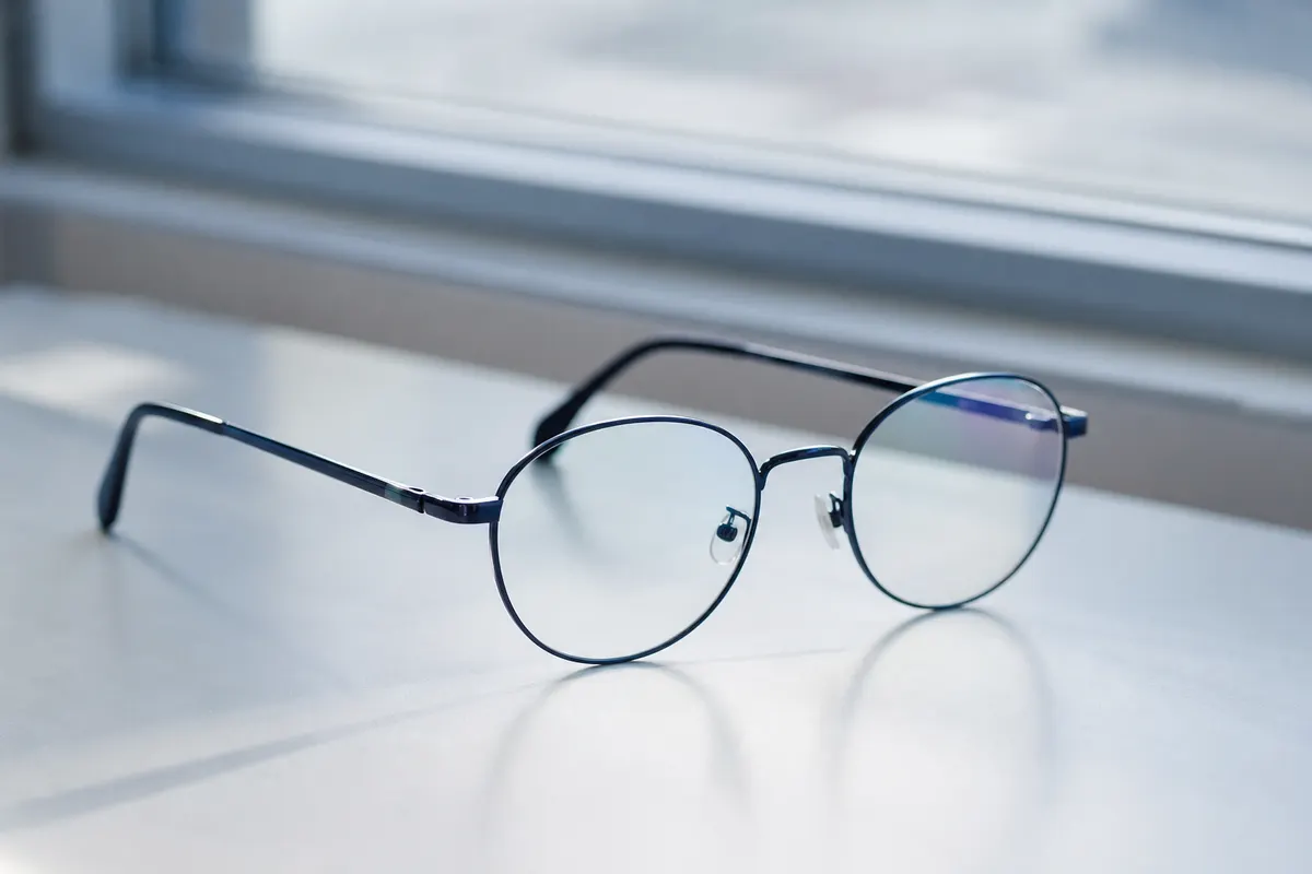 Paire de lunettes de vue posée sur une surface claire près d'une fenêtre, lumière naturelle douce, aucune personne visible.