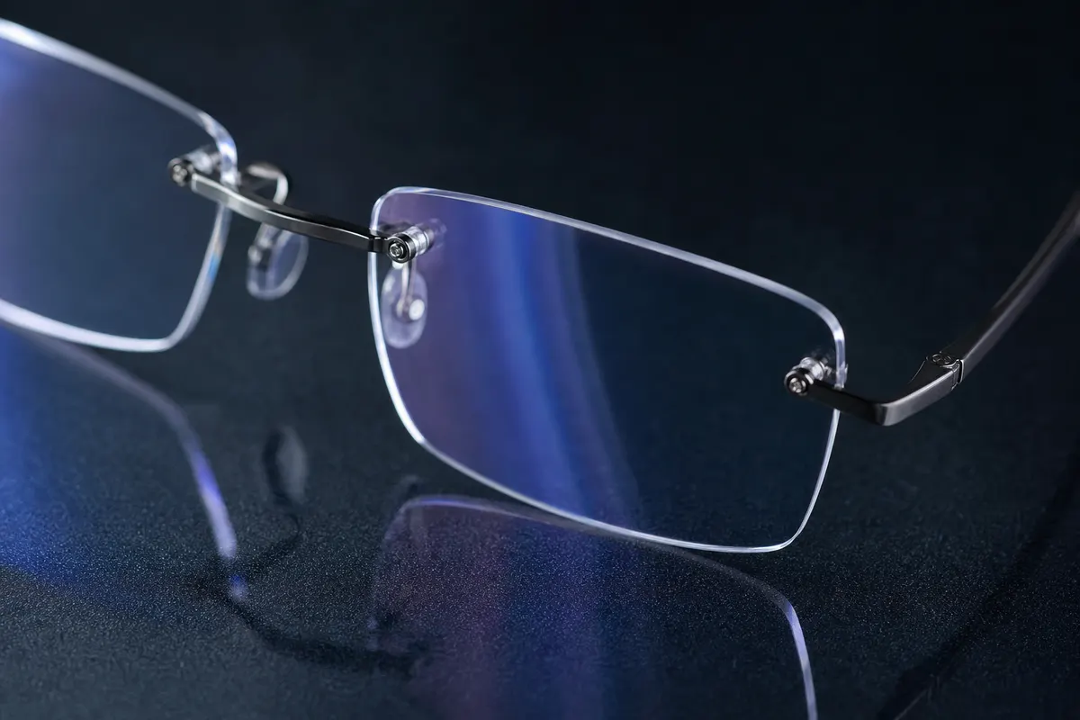 Gros plan sur une paire de lunettes de vue sans cercle, verres fixés directement aux branches par de petites vis discrètes, posée sur une surface sombre.