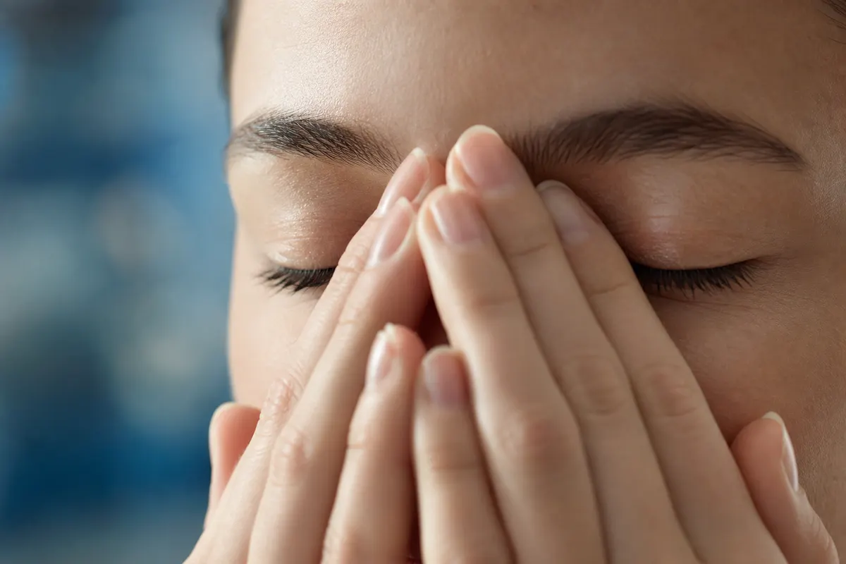 Gros plan sur des mains posées en coupe devant des yeux fermés, lumière naturelle douce, aucun autre détail du visage identifiable.