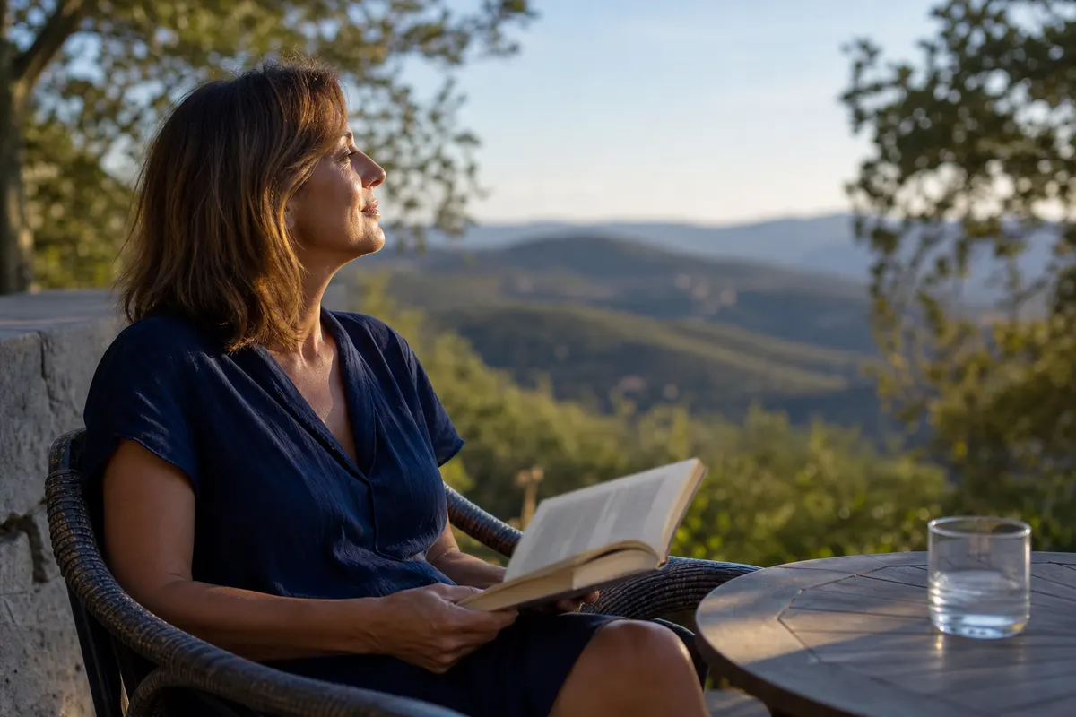Femme assise en terrasse, un livre ouvert à la main, le regard tourné vers des collines lointaines dans la lumière dorée de fin de journée.