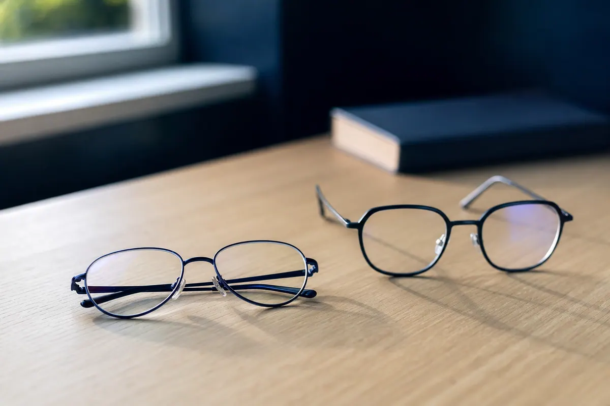 Deux paires de lunettes de vue posées côte à côte sur une table en bois clair près d’une fenêtre, l’une repliée et l’autre branches ouvertes.