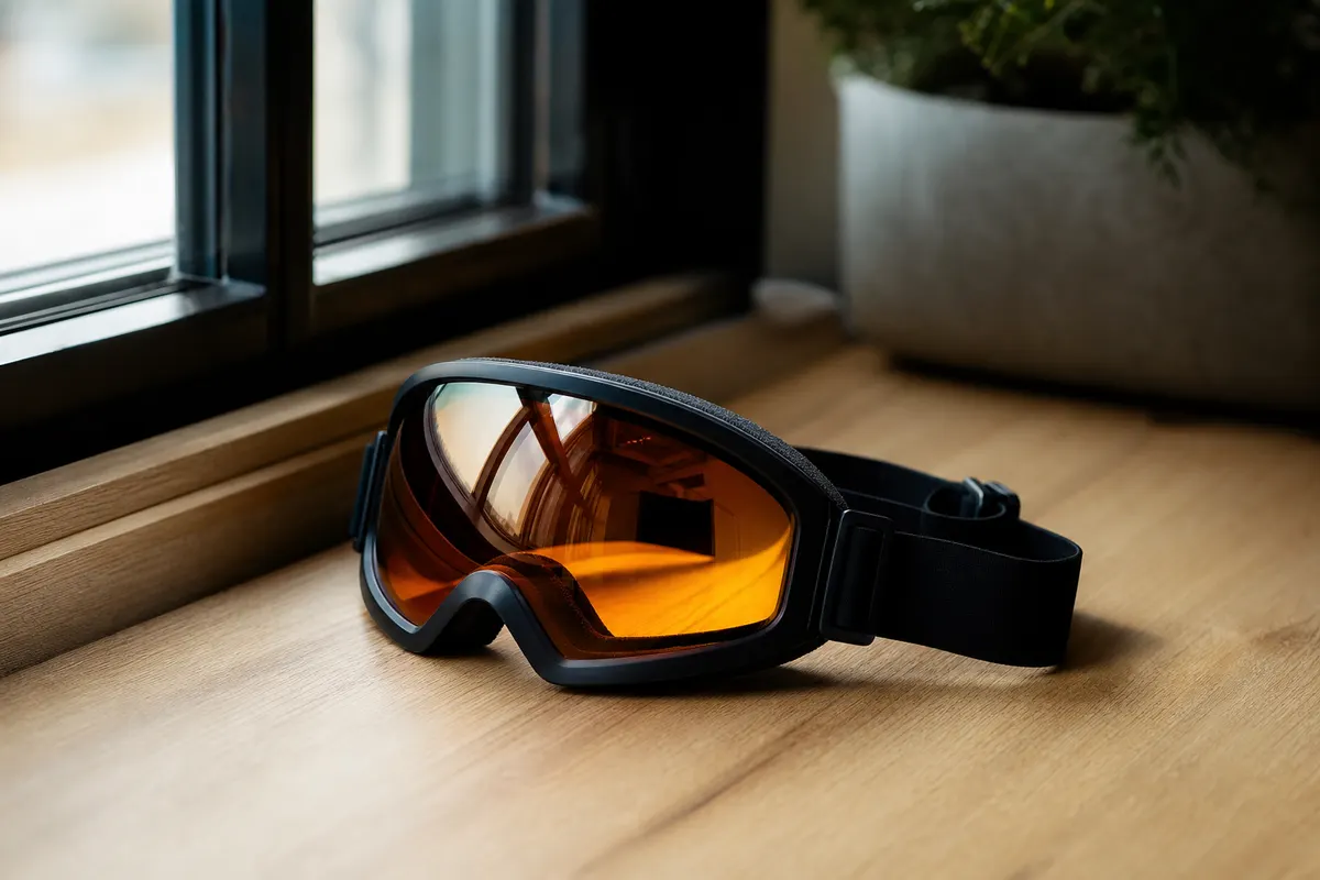 Gros plan sur un masque de ski posé sur une table en bois près d'une fenêtre, lumière naturelle douce, aucune personne visible.