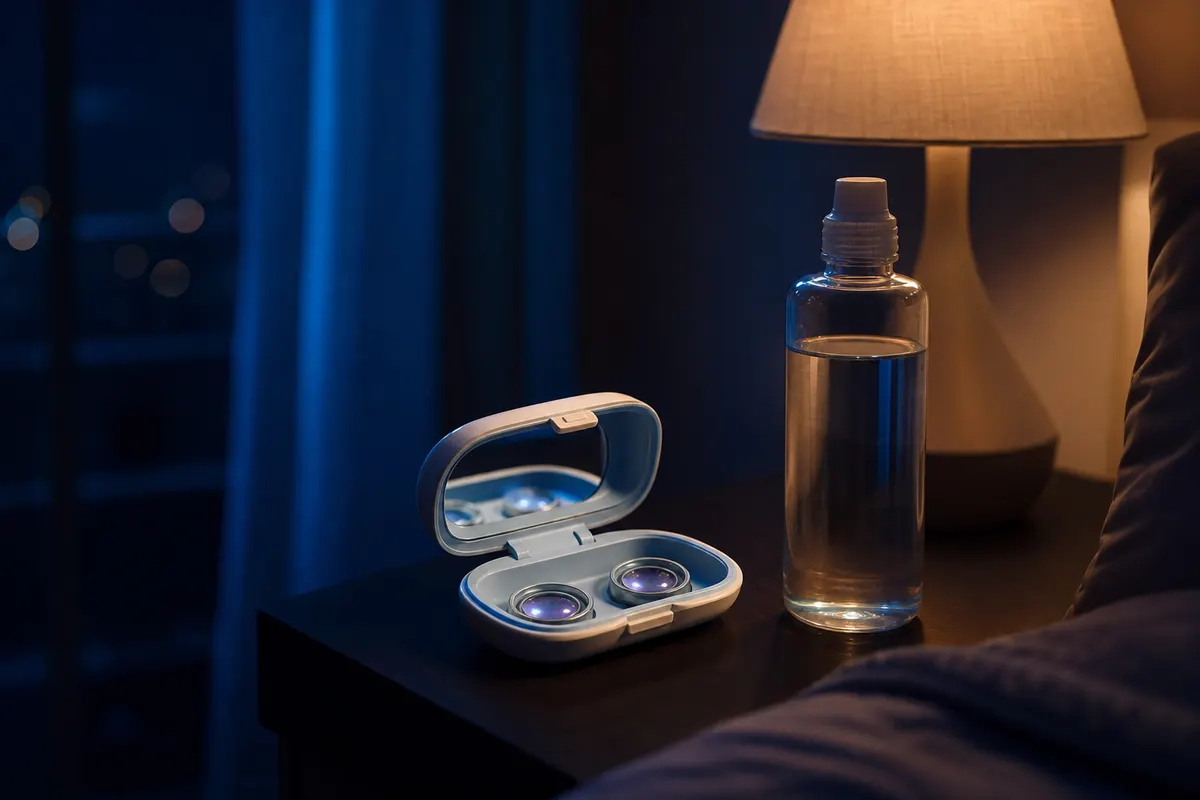 Étui à lentilles ouvert posé sur une table de nuit à côté d'une lampe de chevet allumée, dans une ambiance nocturne feutrée.