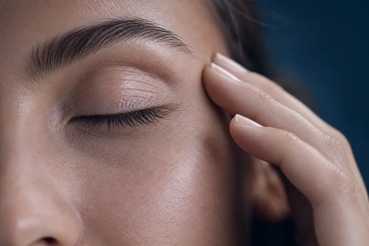 Gros plan sur le contour de l'œil d'une personne qui ferme légèrement la paupière, lumière naturelle douce, aucun autre détail visible.