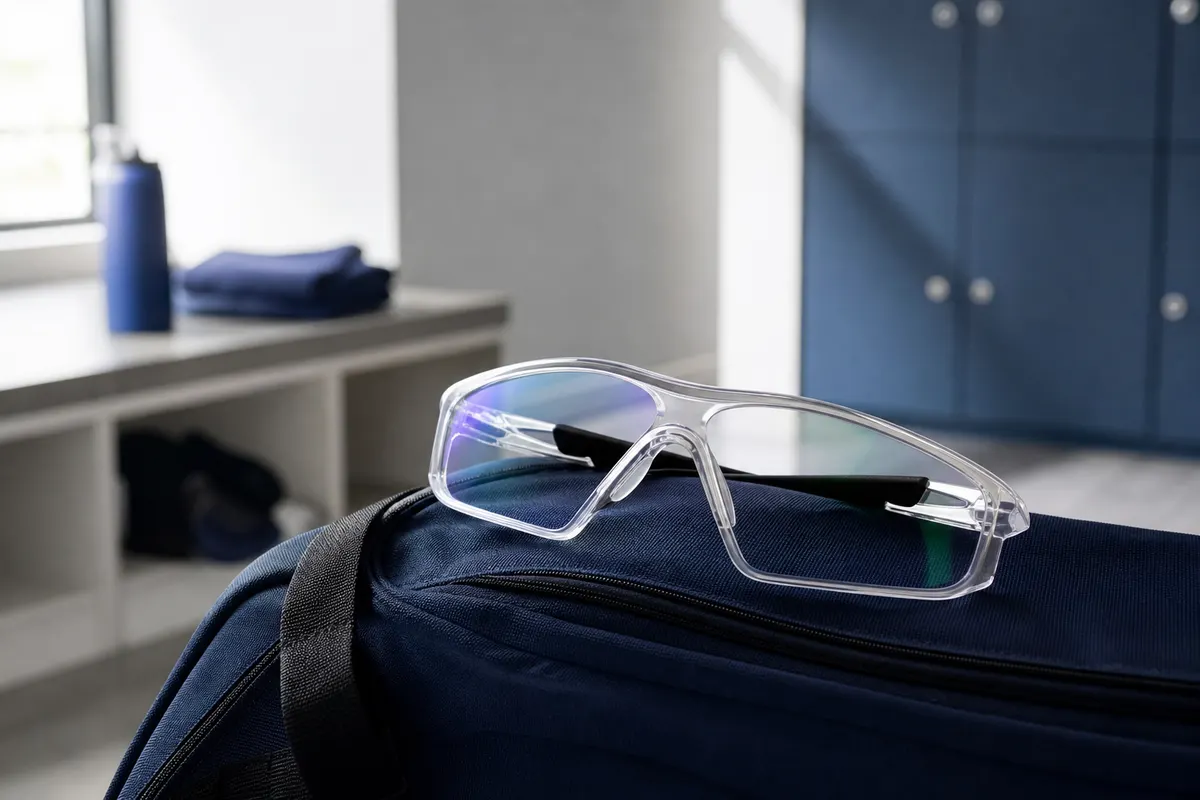 Paire de lunettes de protection posée sur un sac de sport fermé, dans un vestiaire lumineux, aucun visage visible.