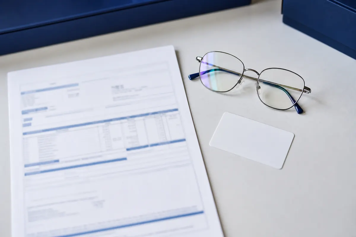 Comptoir d’opticien avec devis normalisé et carte de tiers payant posés à côté d’une paire de lunettes de vue.