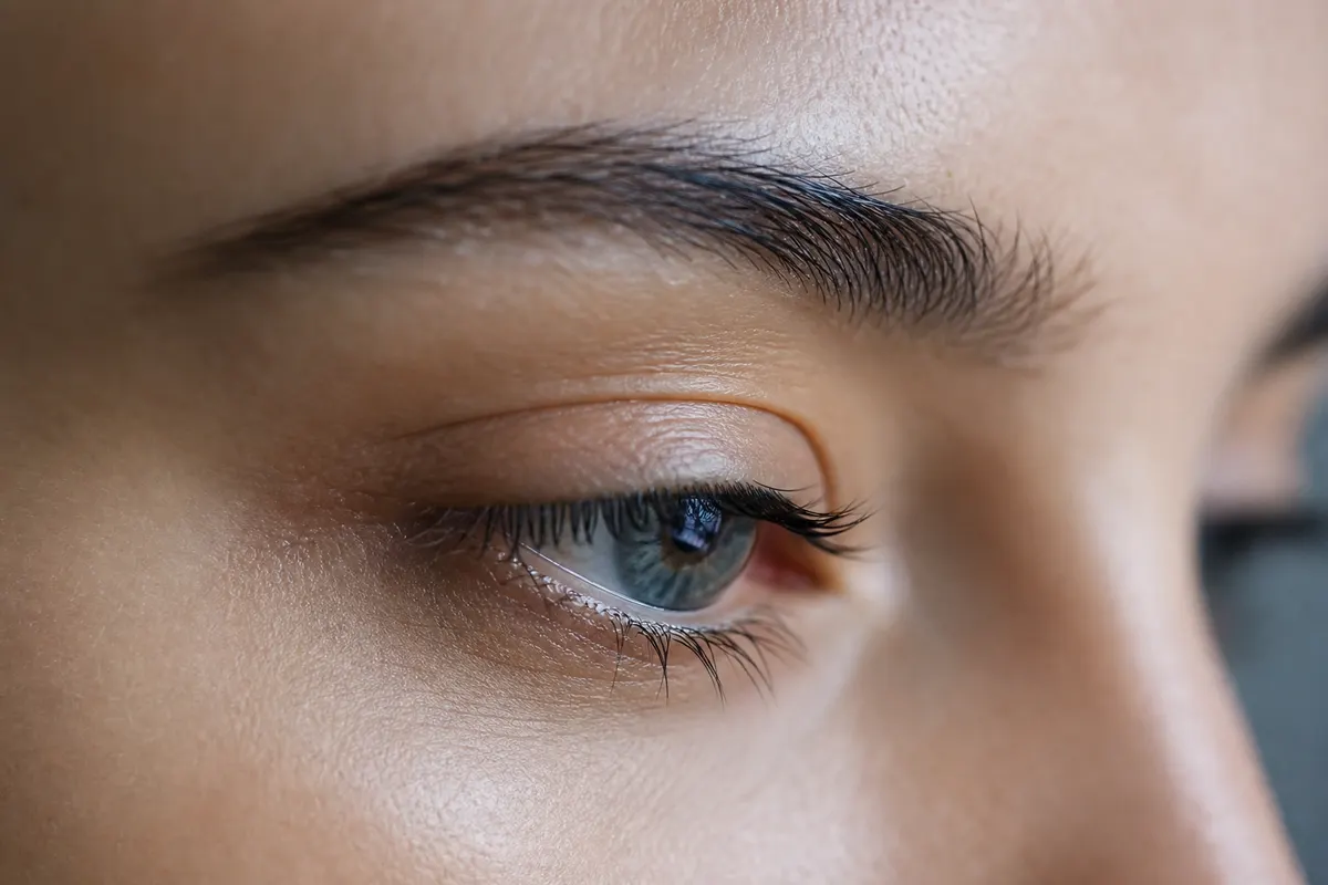 Gros plan calme sur le contour d'un œil, lumière naturelle douce, aucun autre détail du visage visible.