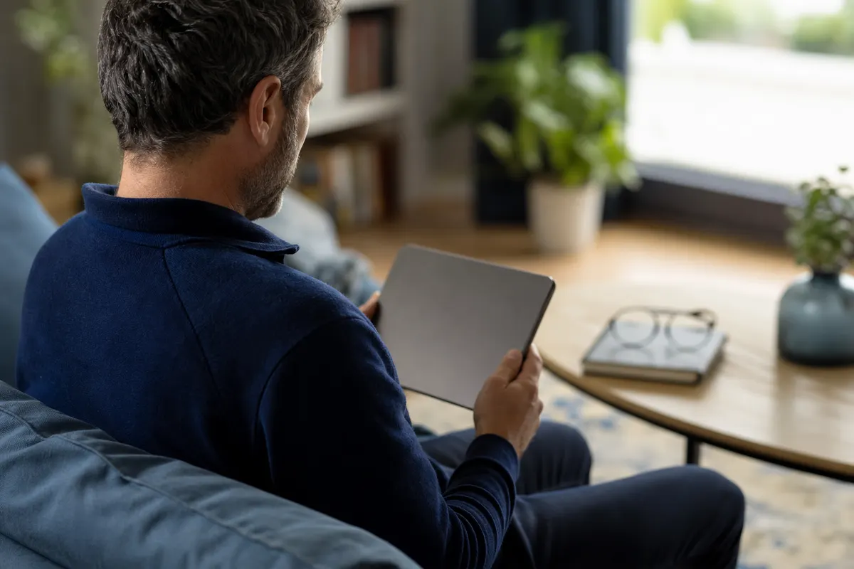 Personne de trois quarts dos assise dans un salon lumineux, tenant une tablette dont l’écran est invisible, une paire de lunettes de vue posée sur la table basse.