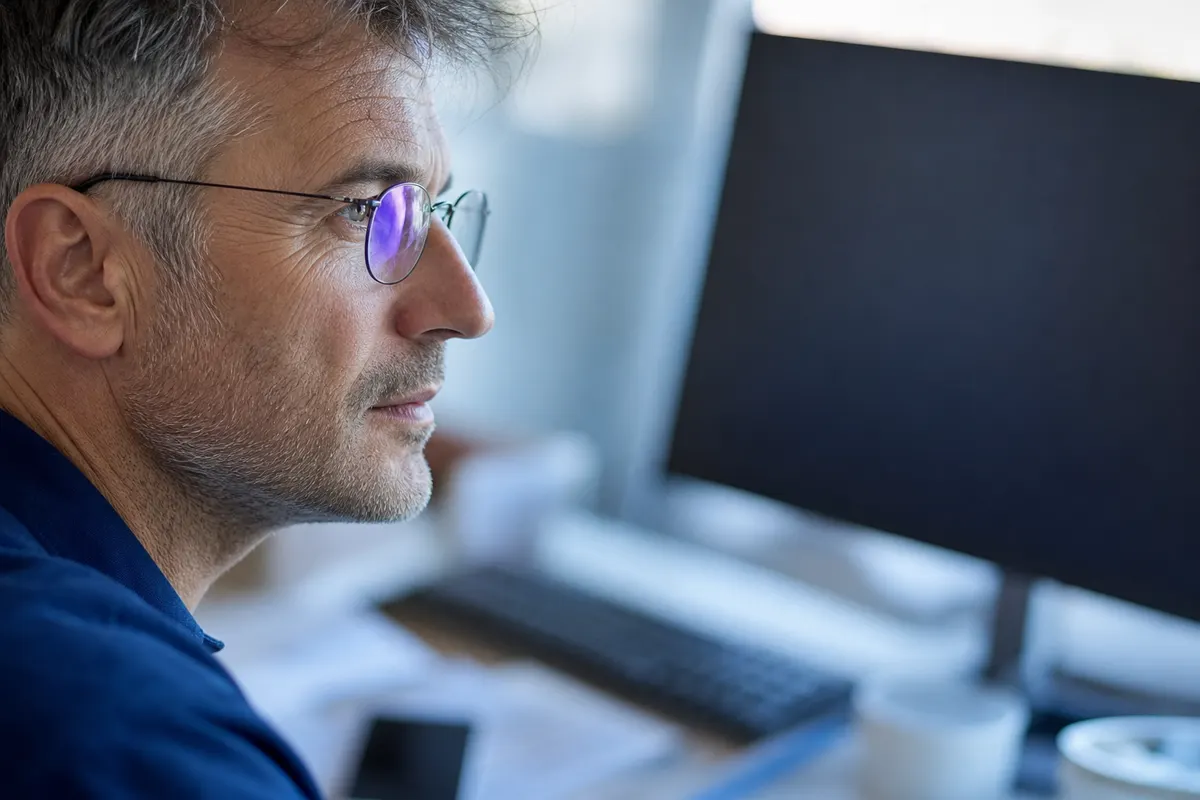 Personne de profil portant des lunettes à monture fine devant un grand écran d'ordinateur flou, dans un bureau baigné de lumière naturelle.