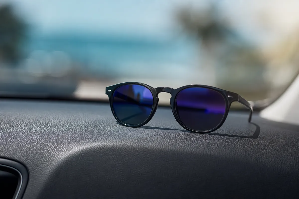Paire de lunettes de soleil aux verres sombres posée sur un tableau de bord de voiture, lumière naturelle douce, aucune personne visible.