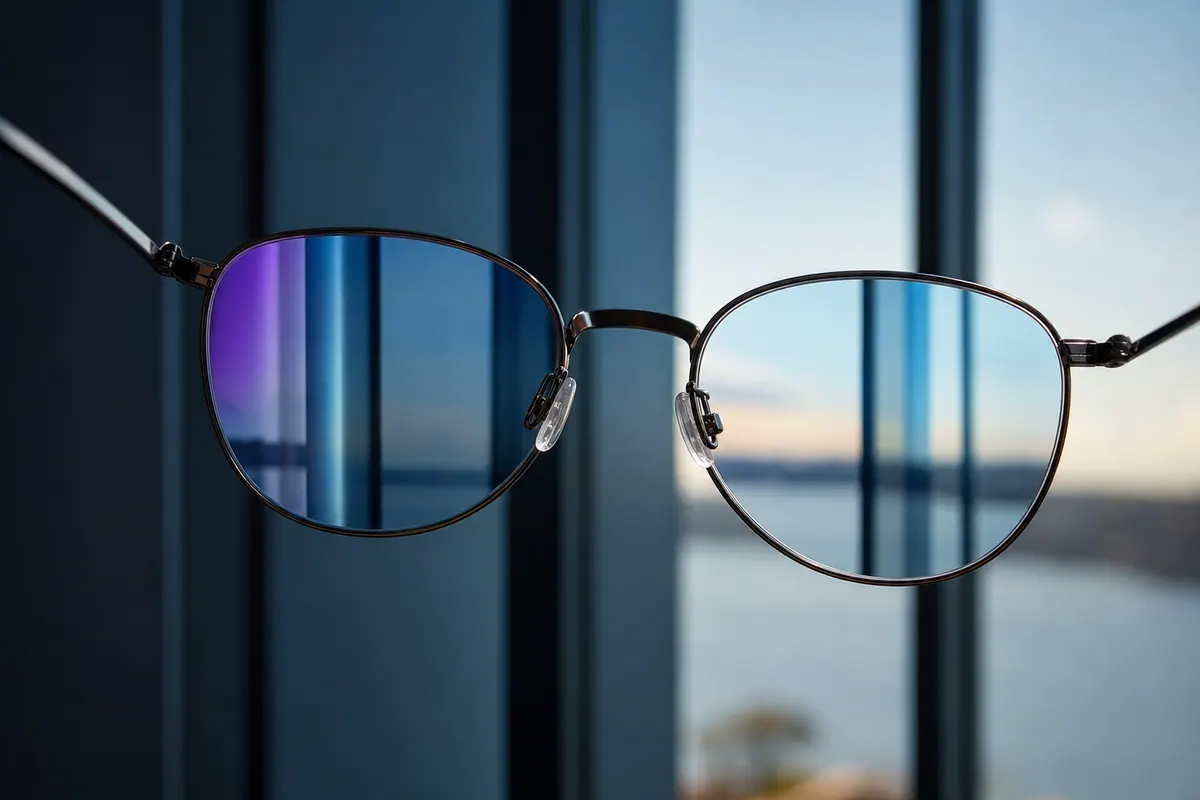 Paire de lunettes de vue posée devant une fenêtre, dont un verre laisse apparaître un léger décalage de l’image de l’arrière-plan par rapport à l’autre.
